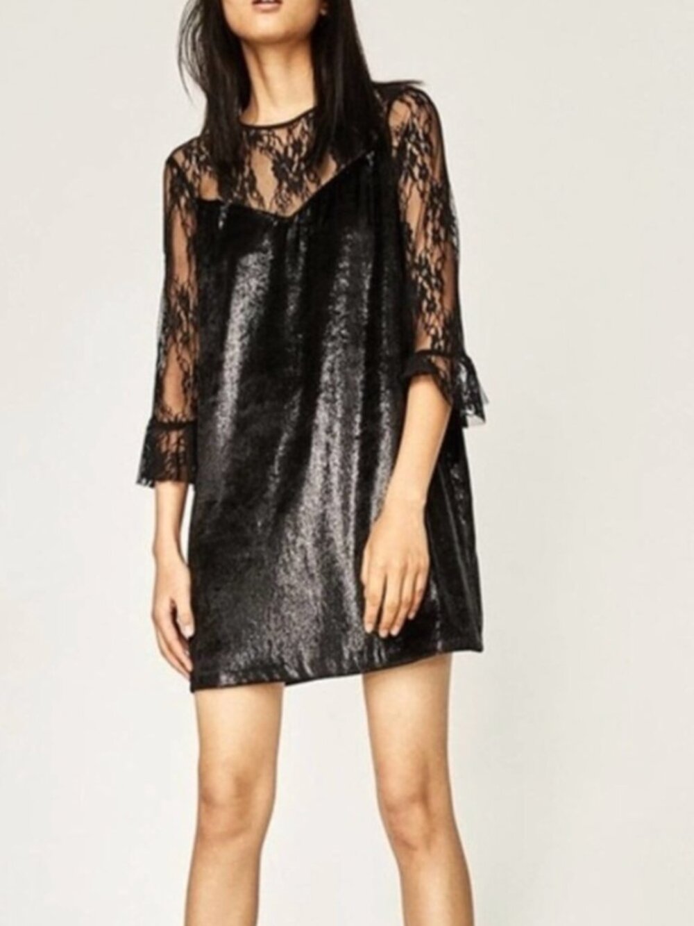 Zara Black Velvet Shimmer and Lace Bell Sleeve Mini Dress D20